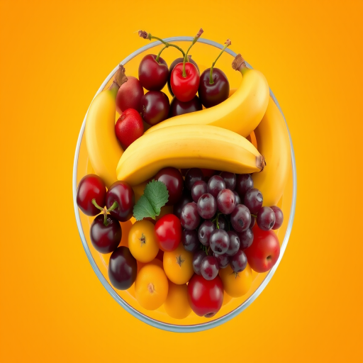 Create a vibrant digital illustration of a fruit bowl filled with various fruits like cherries, bananas, and grapes on a smooth glass bowl against a gradient orange to green background, shot with a DSLR camera at f/2.8, 50mm lens, ISO 100, top-down view for maximum detail and sharpness.