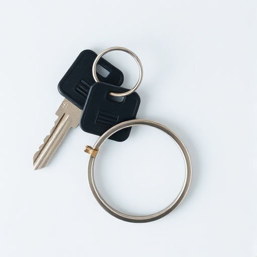Generate a high-resolution image of two keys and a circular keyring, photographed from a top-down view, using a DSLR camera with a 50mm lens, aperture set to f/2.8, shutter speed 1/125s, and ISO 100 for optimal clarity and detail.