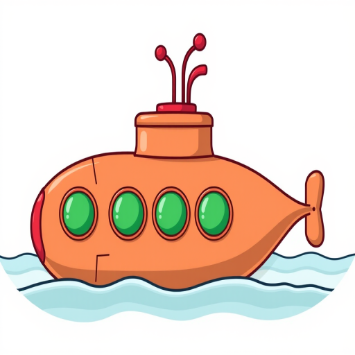 Create a high-resolution vector illustration of a cartoon submarine with a red periscope, three green windows, and a brown body, using a DSLR camera set to f/8, ISO 100, with a 50mm lens at eye level for a clean, crisp look.