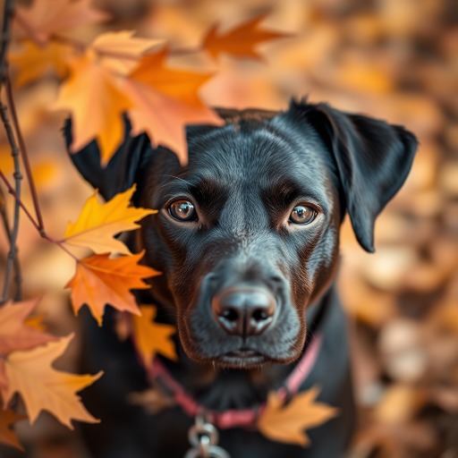 capture a close-up portrait of a black dog with soulful eyes surrounded by autumn leaves, shoot with a DSLR camera using a 50mm lens at f/1.8, ISO 200, shutter speed 1/200s, soft focus background with natural lighting