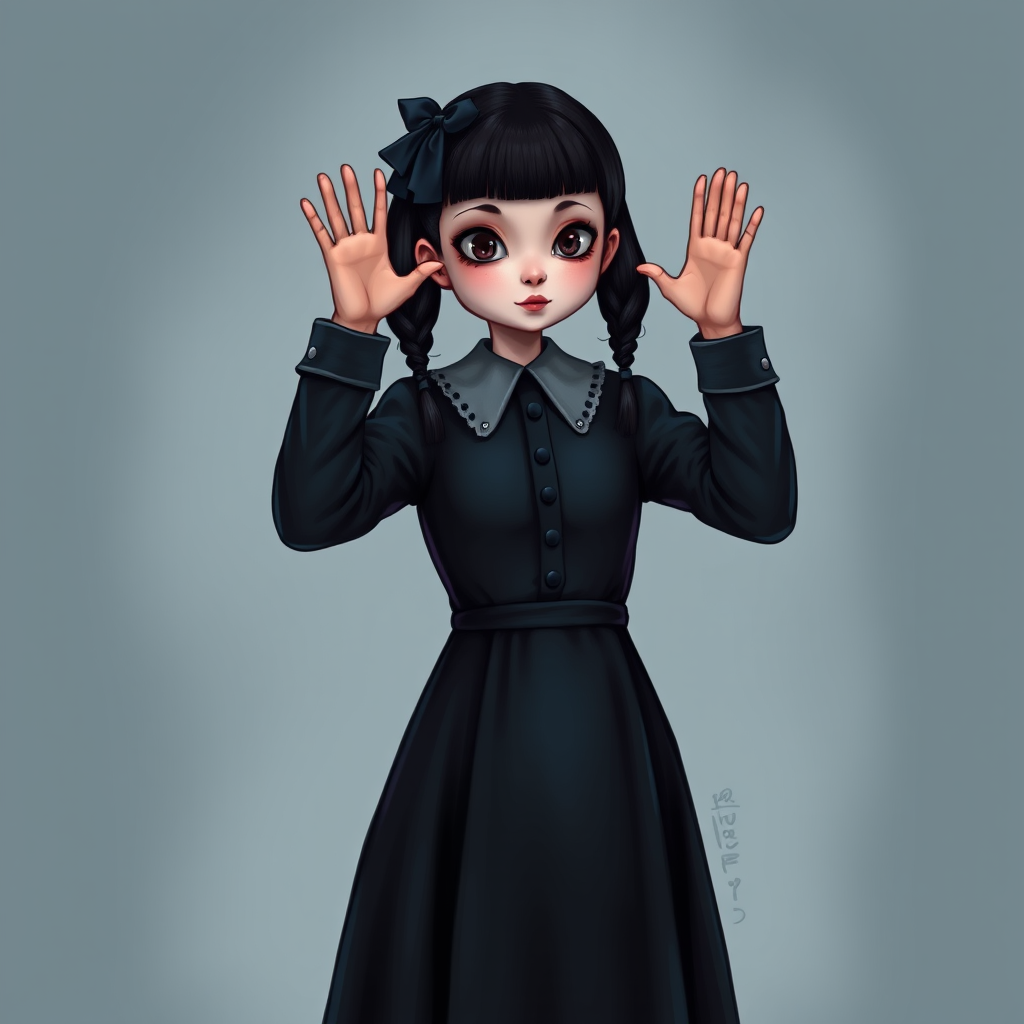 Digital art, full height portrait of Wednesday Addams, standing up with her hands in the air as if in a hold-up. Her dark, gothic attire replaces Alice’s classic blue dress, and she wears black shoes instead of blue. A small, neat black bow adorns her hair, capturing her signature style. The overall composition maintains a whimsical yet eerie tone, similar to Alice in Wonderland, while showcasing Wednesday’s iconic gothic charm.