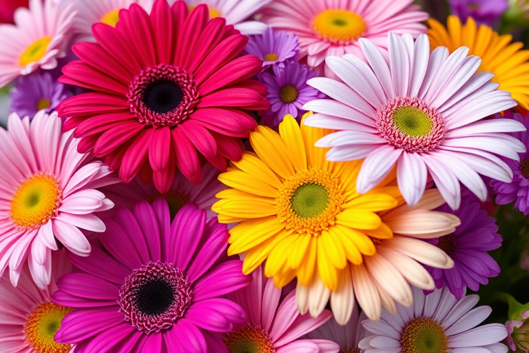 Vibrant close-up of assorted colorful flowers including daisies and gerberas in full bloom, shot with a Canon EOS R5, 50mm lens at f/2.8, ISO 100, natural light, shallow depth of field for a soft background blur.