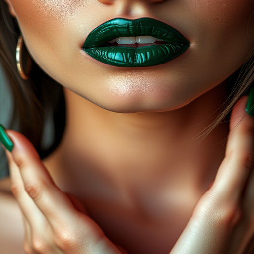 Deep emerald green woman lips with glossy sheen, making a bold statement and showcasing unique color choices