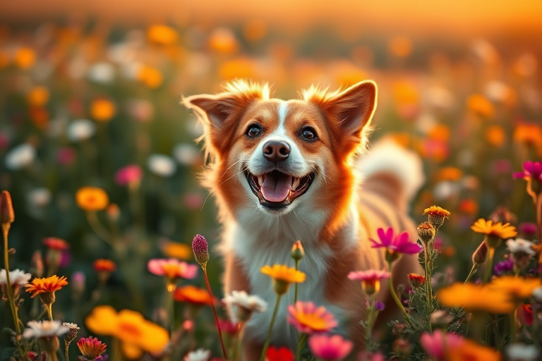 A happy brown and white dog standing in a vibrant field of flowers during golden hour, captured with a DSLR camera, 50mm lens, f/1.8 aperture, shallow depth of field, soft focus background, natural light, slightly low angle shot for dramatic effect.