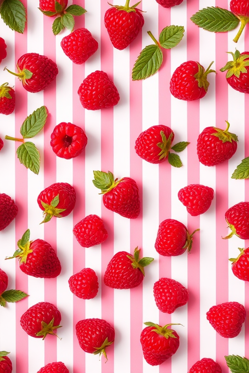 Create a vibrant pattern of raspberries on a pink and white striped background, using a Canon EOS R5 camera, f/8 aperture, ISO 100, 50mm lens for sharp detail, top-down view, and a high-saturation color style for enhanced image quality.