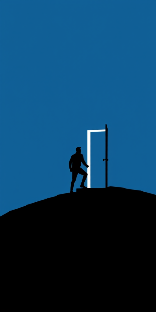 A minimalistic illustration of a silhouette of a person climbing stairs towards an open door on a hill, with a blue background, featuring high contrast colors, created with a digital camera, 50mm lens, f/8 aperture, ISO 100, 1/200s exposure time.