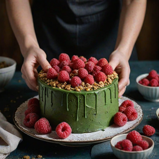 Generate an image of a beautifully decorated cake being topped with fresh raspberries. The cake should have a textured green exterior, possibly made of crushed nuts, and be set on a rustic table with soft lighting. Include a person's hands carefully placing the raspberries on top. Surround the cake with a few scattered raspberries and a simple plate nearby. The background should be dark and moody, enhancing the focus on the cake and the vibrant red of the raspberries.