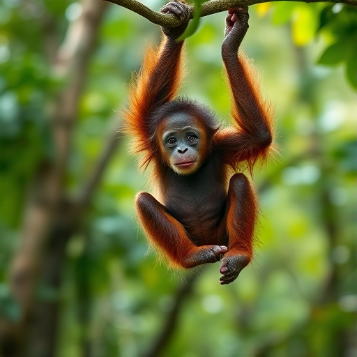 a young orangutan hanging from a tree branch in a lush green forest, soft natural lighting, shallow depth of field for background blur, focal length 200mm, aperture f/2.8, ISO 400, shot with a DSLR camera in portrait orientation