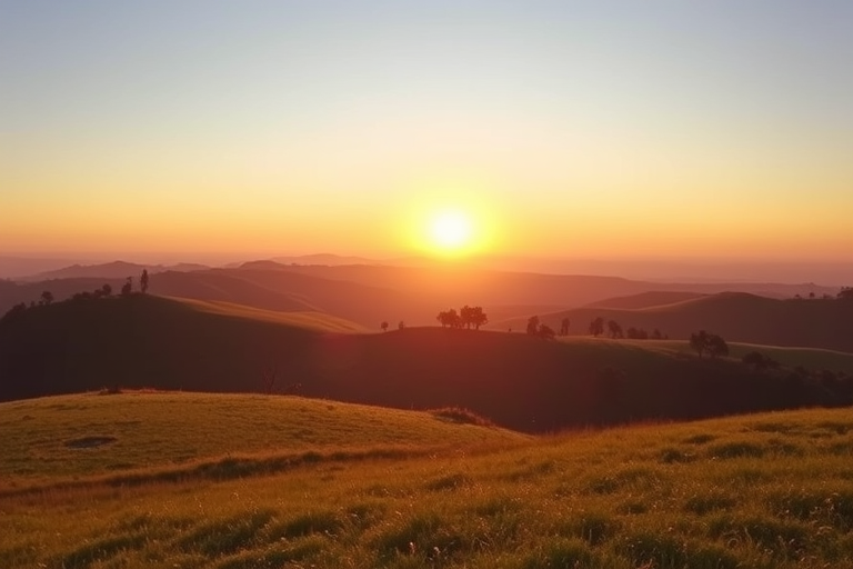 Landscape at golden hour with rolling hills, lush grass, and scattered trees, captured with a DSLR camera, 24mm lens, f/8 aperture, ISO 100, shutter speed 1/200s, wide-angle view, vibrant colors and enhanced clarity.