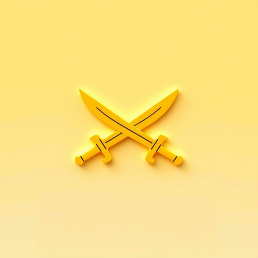 Create a high-resolution image of a stylized yellow logo featuring crossed swords and curly braces in a minimalist design, captured with a DSLR camera at f/1.8 aperture, ISO 100, and 50mm focal length, using a top-down view with soft lighting to enhance the vibrant colors and sharp details.