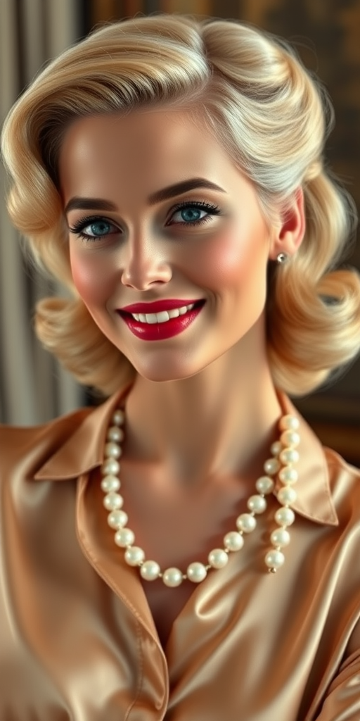 A beautiful Georgian woman reminiscent of 1950s Hollywood glamour, with perfectly styled blonde hair and a seductive smile, dressed in a satin blouse and adorned with pearls, soft and warm tones, photorealistic, 8K