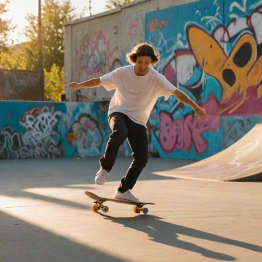 Blurry action shot of a skateboarder performing tricks in a vibrant urban skate park, with graffiti-covered walls and soft sunlight illuminating the scene.