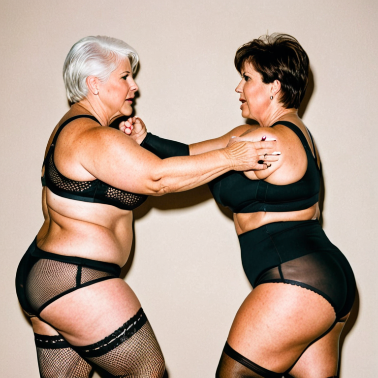 Free Ai Image Generator - High Quality and 100% Unique Images -  —  Two Full figured well endowed chesty muscular furious wives, one wife  mature with short white hair, the other