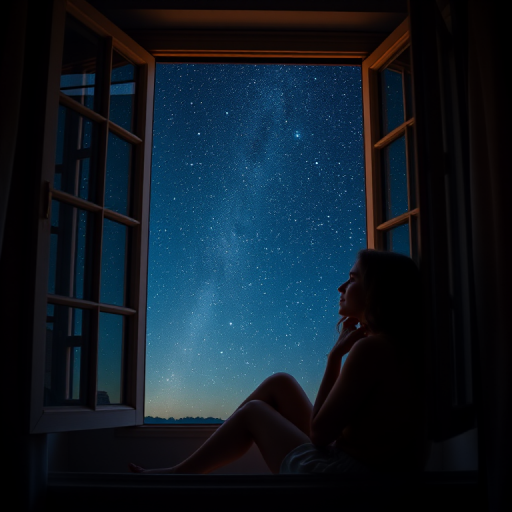 A woman sitting by an open window gazing at a starry night sky, camera type: DSLR, camera settings: aperture f/2.8, ISO 800, shutter speed 1/60s, camera view: wide angle, camera style: portrait.