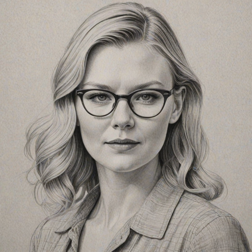Delightful Kirsten Dunst, pencil sketch, portrait of Magnificent woman 1944s in glasses, hair style beatnik, outline, clear lines, fine lines, 8k