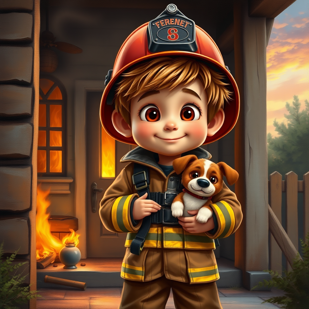 airbrushed oil painting, pixar style, cute little boy in fireman gear, helmet, tousled hair, expressive eyes, standing in the doorstep of a cottage burning behind him, holding a cute little dog in his arm, atumn sky