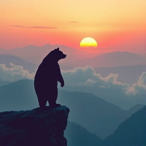 Create a digital illustration of a stylized bear standing on a cliff overlooking a pastel-colored sunrise with soft mountains and clouds in the background, using a Canon EOS R5 with a 50mm lens, aperture f/2.8, ISO 100, and a low-angle view for enhanced depth and color vibrancy.