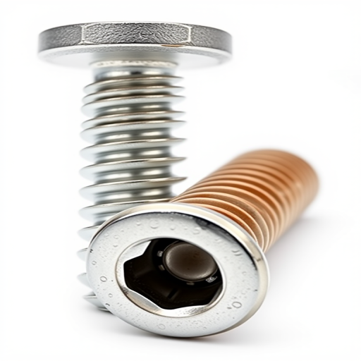 Create a highly detailed vector illustration of two types of screws, one with a flat head and the other with a round head, showcasing the threading and texture clearly, using a macro lens, f-stop 2.8, shutter speed 1/100 sec, ISO 100, in a well-lit studio environment with a white background for high contrast.