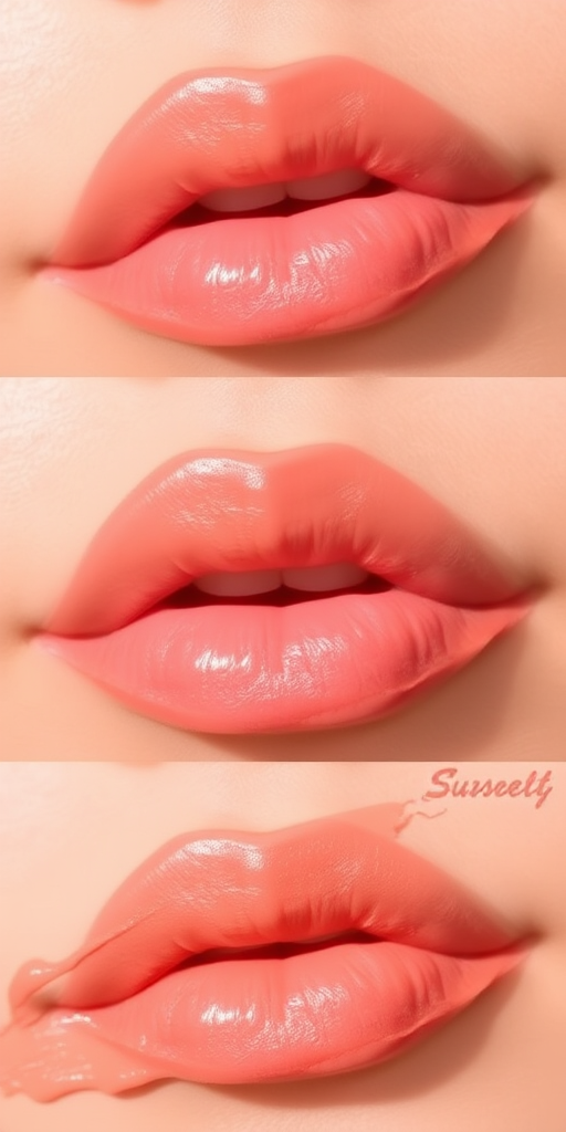 Peach sorbet lips titled "Sunset Blush" feature a soft, creamy texture and warm undertones, perfect for natural makeup looks and spring aesthetics