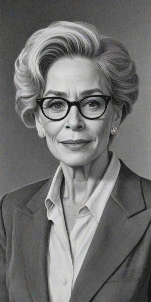Exquisite Holland Taylor, pencil sketch, portrait of Sublime woman 1977s in glasses, hair style beatnik, outline, clear lines, fine lines, 8k