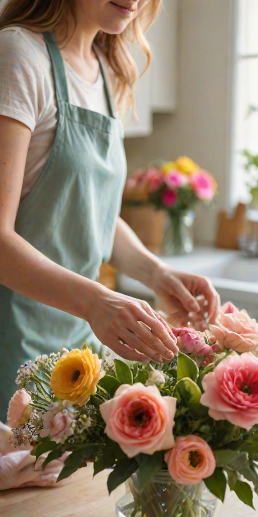 Close-up of a woman’s hands delicately arranging fresh flowers in a vase, soft light illuminating the vibrant petals, with a charming kitchen softly blurred in the background.