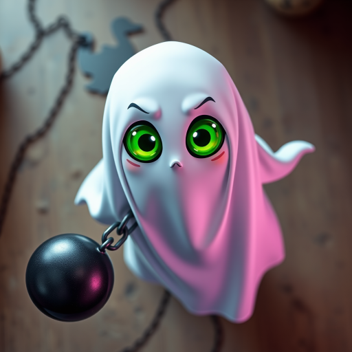 Create a cartoon-style ghost character with large glowing green eyes, wearing a flowing white sheet, attached to a heavy black ball and chain, captured with a Canon EOS R5 at f/2.8, 1/200s shutter speed, ISO 400, top-down view, vibrant colors and sharp focus.