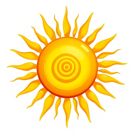 Create a vibrant illustration of a yellow sun with a spiral center and sun rays radiating outward, captured with a DSLR camera, aperture f/5.6, shutter speed 1/250s, ISO 100, in a bright, clear environment.