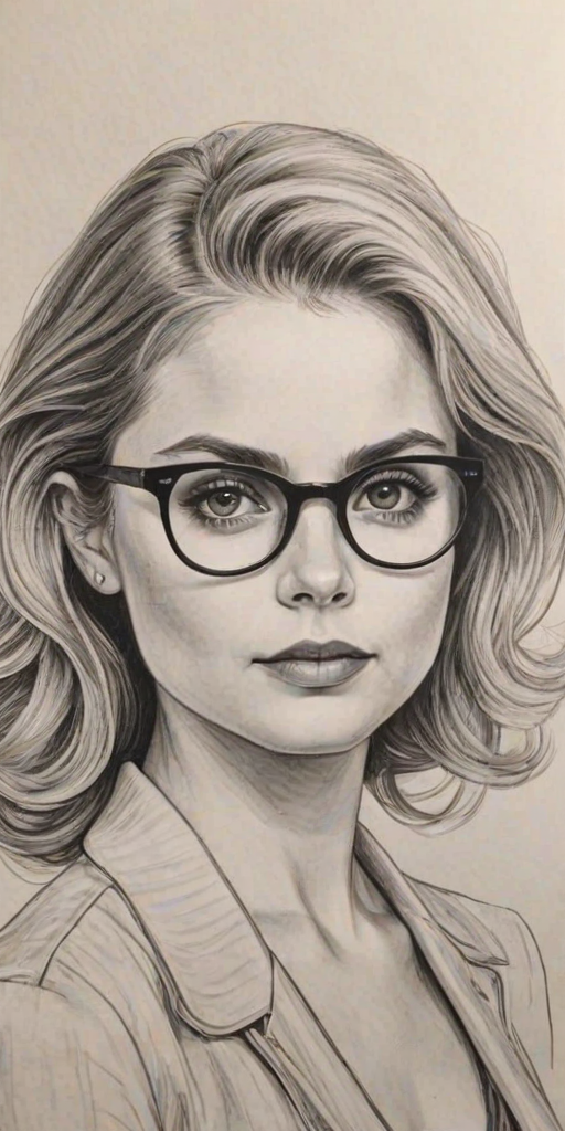 Gorgeous Rose McIver, pencil sketch, portrait of Elegant woman 1947s in glasses, hair style beatnik, outline, clear lines, fine lines, 8k