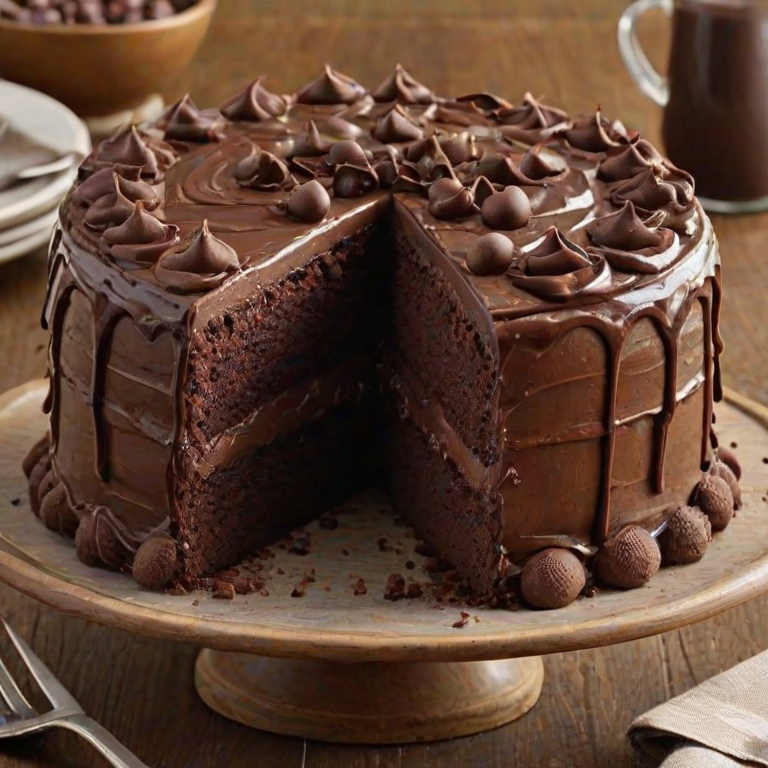 Generate an image of a decadent chocolate cake with layers of rich chocolate frosting and a creamy filling. The cake should have chocolate chips sprinkled on the sides and a slice cut out to reveal its moist texture and contrasting layers. The background should be a rustic wooden table to enhance the dessert's appeal.