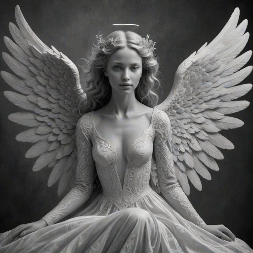An angel, crafted in the unique style of Folk Art, as she unfolds herself against an ethereal backdrop, her wings softly billowing, face radiating a heavenly glow, every curl in her strikingly serene countenance finely brushed, monochrome, detailed techniques, ultra fine, breathtaking surreal masterpiece