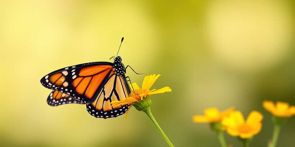 Generate an image of a vibrant monarch butterfly perched on a yellow flower against a soft blurred background. The butterfly should display its striking orange and black wings with white spots, while the flowers should be bright and cheerful, enhancing the natural beauty of the scene.