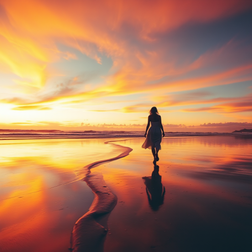 silhouette of a woman in a flowing dress walking along a beach at sunset with vibrant colors in the sky and reflections on the wet sand, taken with a DSLR camera at f/2.8, ISO 100, 1/200s, 24mm wide-angle lens, golden hour lighting, low-angle view