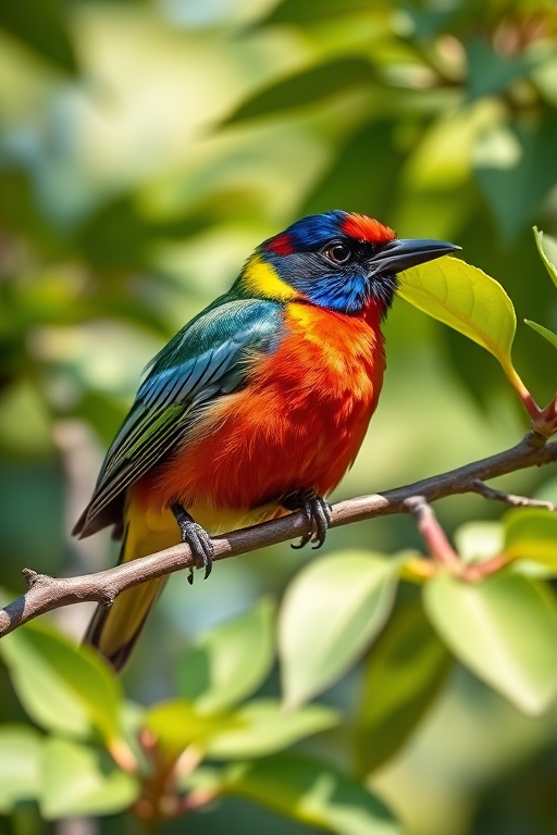 capture a close-up of a colorful bird perched on a branch surrounded by green leaves with a shallow depth of field, use a DSLR camera at f/2.8, ISO 200, shutter speed 1/500s, in daylight with natural lighting for enhanced vibrancy and detail