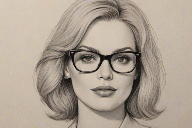 Pleasing Leslie Grossman, pencil sketch, portrait of Dazzling woman 1972s in glasses, hair style beatnik, outline, clear lines, fine lines, 8k
