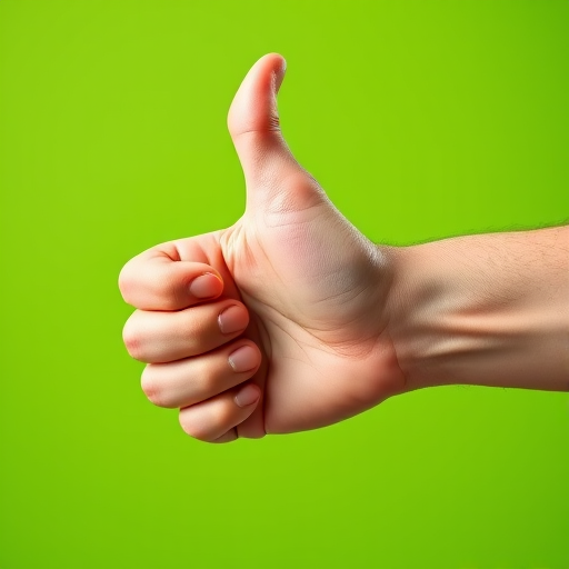 Create an image of a hand making a thumbs down gesture against a bright green background, shot with a Canon EOS 5D Mark IV, 50mm lens, f/1.8 aperture, ISO 100, at a 45-degree angle view to enhance detail and depth.