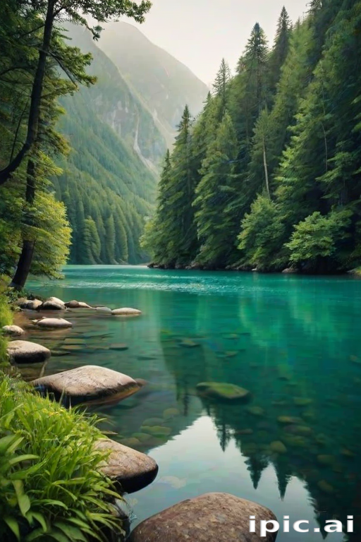 Tranquil Mountain Lake Surrounded by Lush Green Forest and Stones