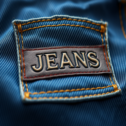 Create a high-resolution texture design of denim fabric with a leather patch labeled "JEANS" stitched on it, using a Canon EOS R5 camera, 50mm lens, aperture f/2.8, ISO 100, focus on texture details and lighting to enhance the overall quality.