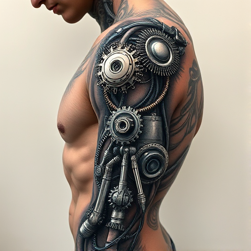 Biomechanical tattoo called "Cybernetic Evolution" showcasing a seamless fusion of organic flesh and mechanical components, with intricate gears, wires, and circuit boards intertwining with muscles and tendons, rendered in a hyper-realistic style with meticulous attention to detail and shading, incorporating elements of steampunk aesthetics and futuristic technology, perfect for sci-fi enthusiasts and those fascinated by the concept of human-machine integration