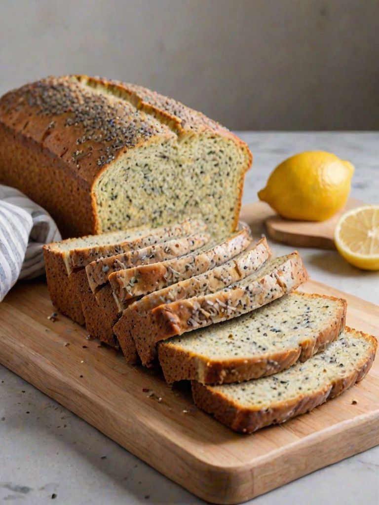 Create an image of a freshly baked loaf of lemon poppy seed bread, sliced to show the moist interior. The background should have soft natural lighting, with the loaf placed on a clean white cutting board.