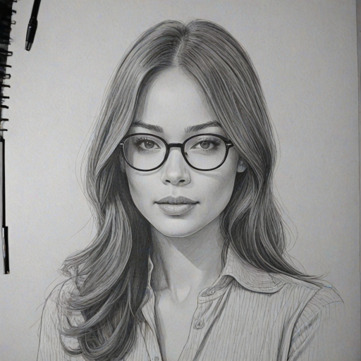 Bewitching Kristin Kreuk, pencil sketch, portrait of Elegant woman 1967s in glasses, hair style beatnik, outline, clear lines, fine lines, 8k