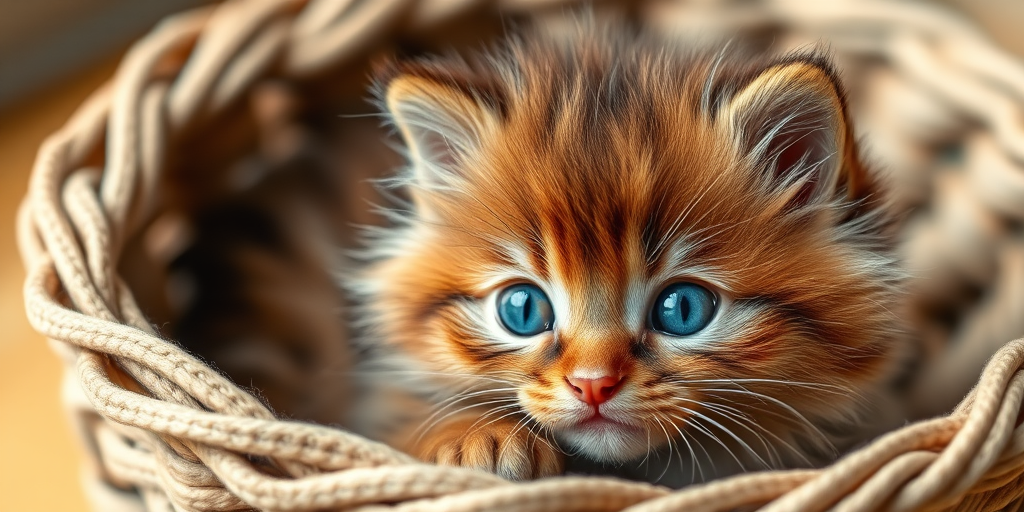 Capture a close-up image of a fluffy brown kitten with striking blue eyes resting in a knitted basket, using a Canon EOS R5 with a 50mm f/1.2 lens, aperture set to f/1.8, ISO 200, and a soft natural light to enhance the details and textures.