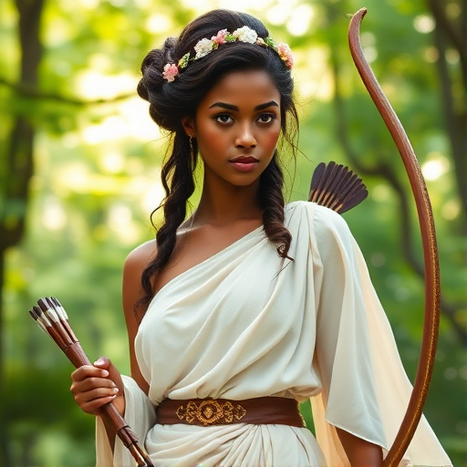 Create a portrait of a goddess-like Mulatto girl figure in a tranquil, forested environment. She has an elegant appearance with long, wavy hair styled in an updo and adorned with a delicate, floral headband. She wears a flowing, ancient Greek-inspired gown in a soft, pale color, featuring a one-shoulder design and draped fabric that accentuates her graceful form. The outfit includes a decorative belt with ornate gold detailing, and she holds a bow in her hand, with a quiver of arrows slung over her shoulder. The background depicts lush greenery, with sunlight filtering through the trees, casting a gentle, ethereal light on the scene. Her expression is calm and contemplative, embodying a sense of wisdom and serenity.