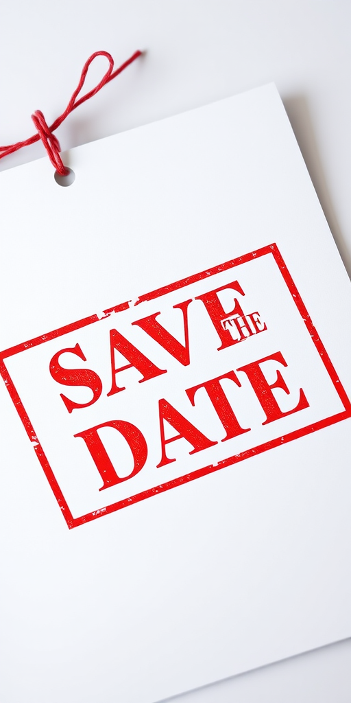Create an image of a blank calendar page with a prominent red "SAVE THE DATE" stamp, shot with a DSLR camera at f/4 aperture, ISO 100, 1/125 sec shutter speed, in a flat lay view with soft diffuse lighting.
