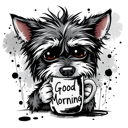 A quirky, artistic illustration of a disheveled bossie dog breed with exaggerated, large eyes and spiky fur, holding a coffee mug that reads "Good Morning". The dog has a tired but humorous expression, with ink splatters and abstract details surrounding it, giving a whimsical feel to the image. The color palette is mostly monochrome with hints of black in the eyes and steam rising from the mug, enhancing the overall sleepy vibe
