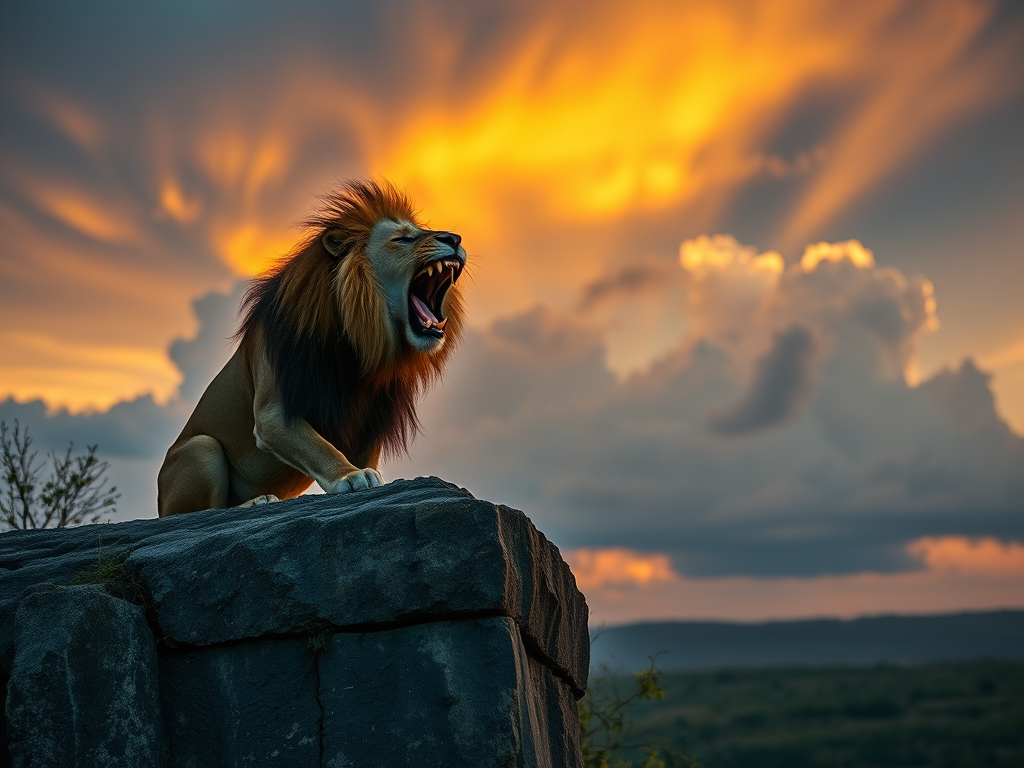 A majestic lion roaring on a rocky ledge at sunset, with dramatic clouds in the background, shot in 4K resolution using a Canon EOS R5, f/4 aperture, 50mm lens, ISO 100, natural lighting, and a wide-angle view to capture the landscape.