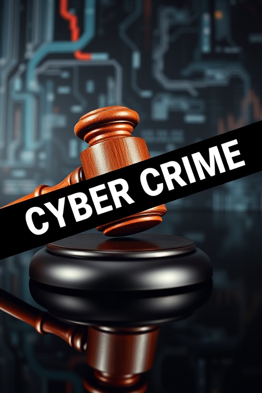 Create an image of a wooden gavel on a polished black surface with a backdrop of abstract digital patterns, featuring bold text saying "CYBER CRIME" diagonally across the image; use a DSLR camera at f/2.8 aperture, ISO 100, 50mm lens, and a low-angle shot for dramatic effect.