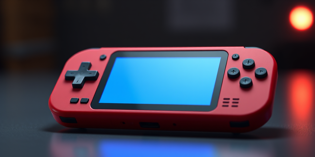 Create a highly detailed 3D render of a classic red handheld gaming console with a glowing blue screen, using a Canon EOS 5D Mark IV camera, aperture set to f/2.8, ISO 100, 50mm lens, shot at eye level with dramatic lighting and a soft-focus background for depth.