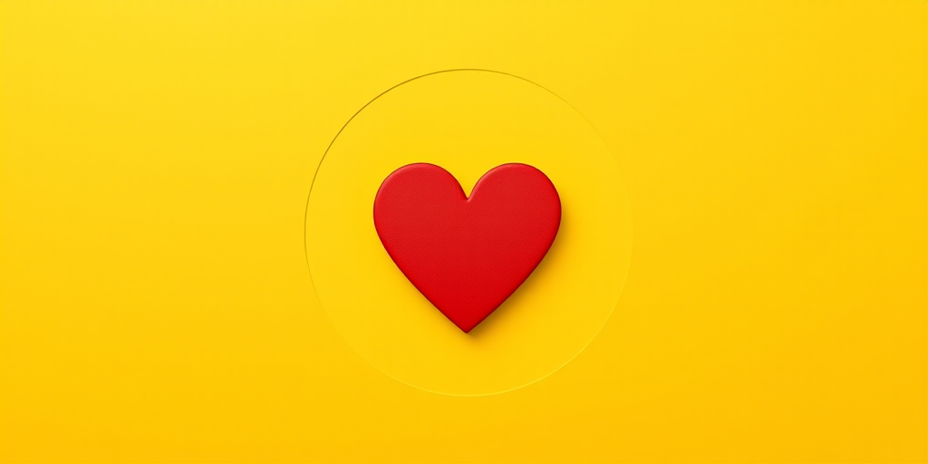 Create a high-resolution image of a simple red heart centered within a circular yellow background, using a Canon EOS R5 camera, aperture f/2.8, ISO 100, 50mm lens, in portrait orientation with soft lighting for a vibrant and clean look.