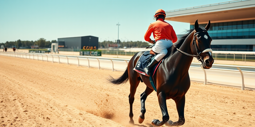 A jockey riding a black horse on a sandy track, bright sunny day, low angle view, aperture f/4, shutter speed 1/1000s, ISO 200, DSLR camera, focus on the horse and jockey, vibrant colors, high resolution.
