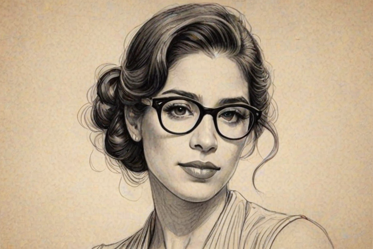 Gorgeous Ana Ortiz, pencil sketch, portrait of Captivating woman 1920s in glasses, hair style beatnik, outline, clear lines, fine lines, 8k